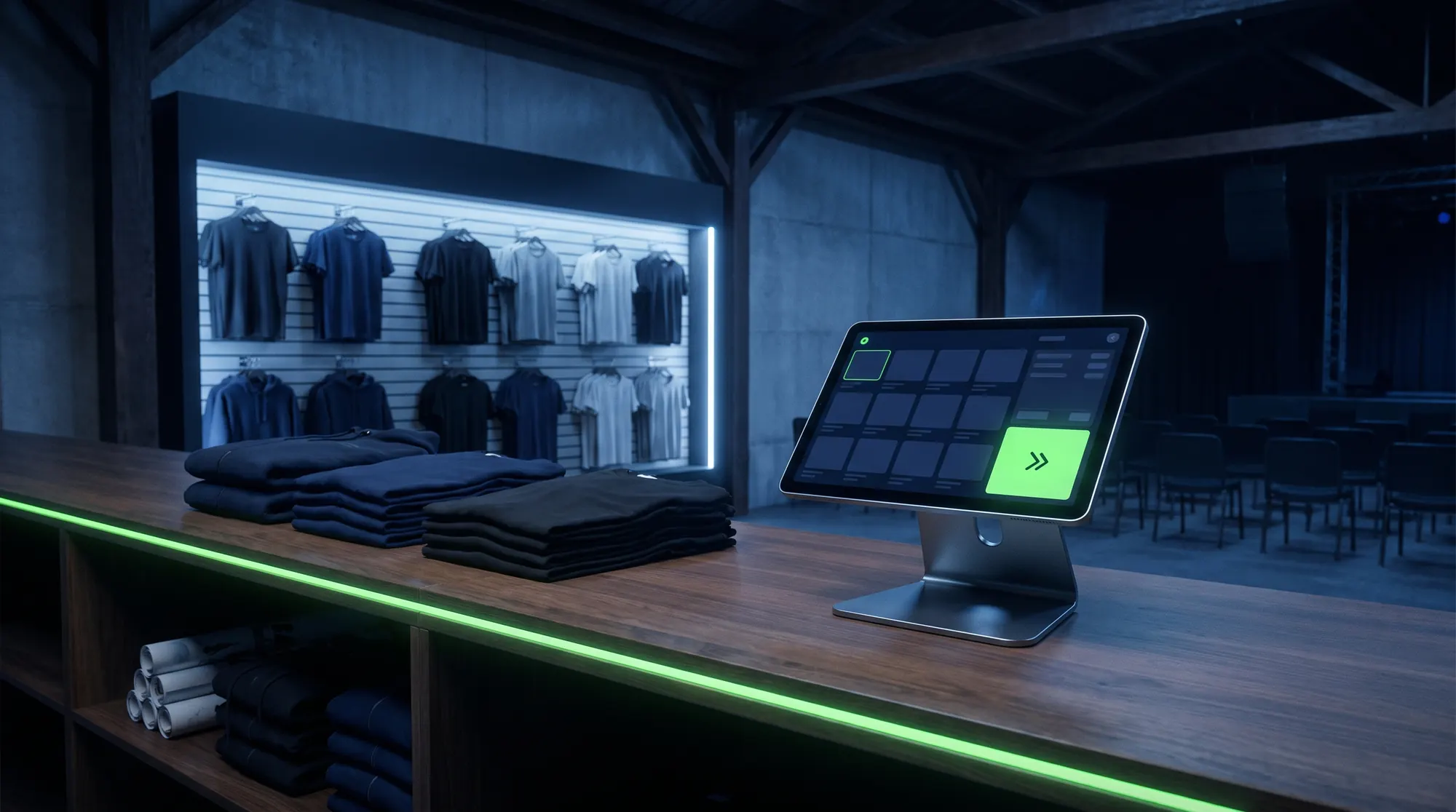 A merch stand at a venue with the Our Merch till on the counter
